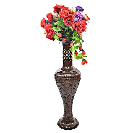 Uniquewise Antique Decorative Brown Hand Curved Mango Wood Floor Flower Vase with Unique Textured Pattern, 30" QI004011